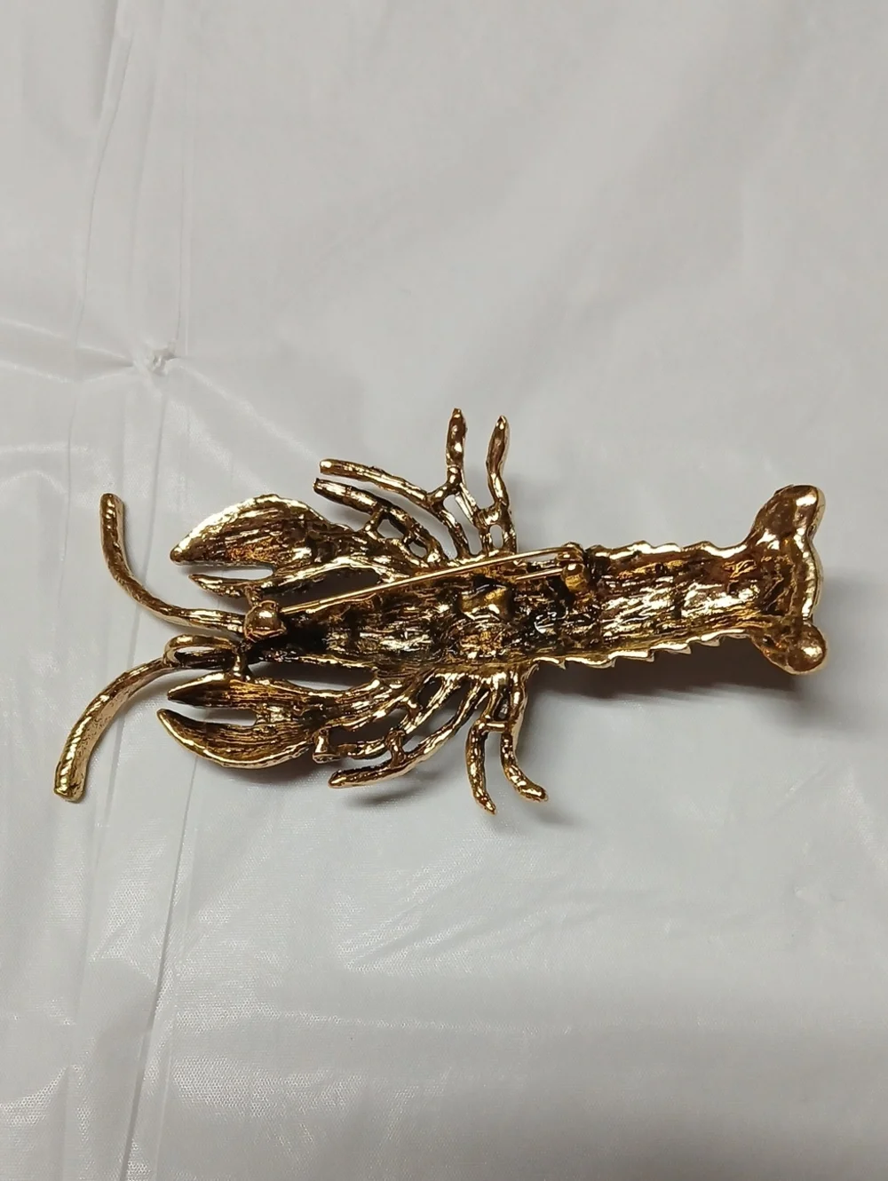 Large Lobster Brooch Pin Goldtone Metal Encrusted w/ Pink Crystals RARE Jewelry